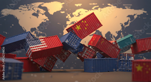 Global Trade Instability: Collapsing Shipping Containers and World Map