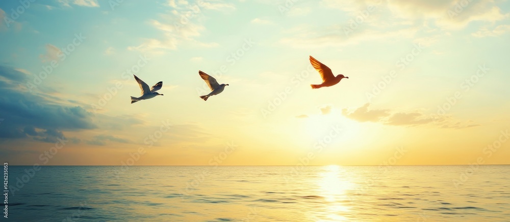 Fototapeta premium Birds soaring in a golden sunset over the ocean