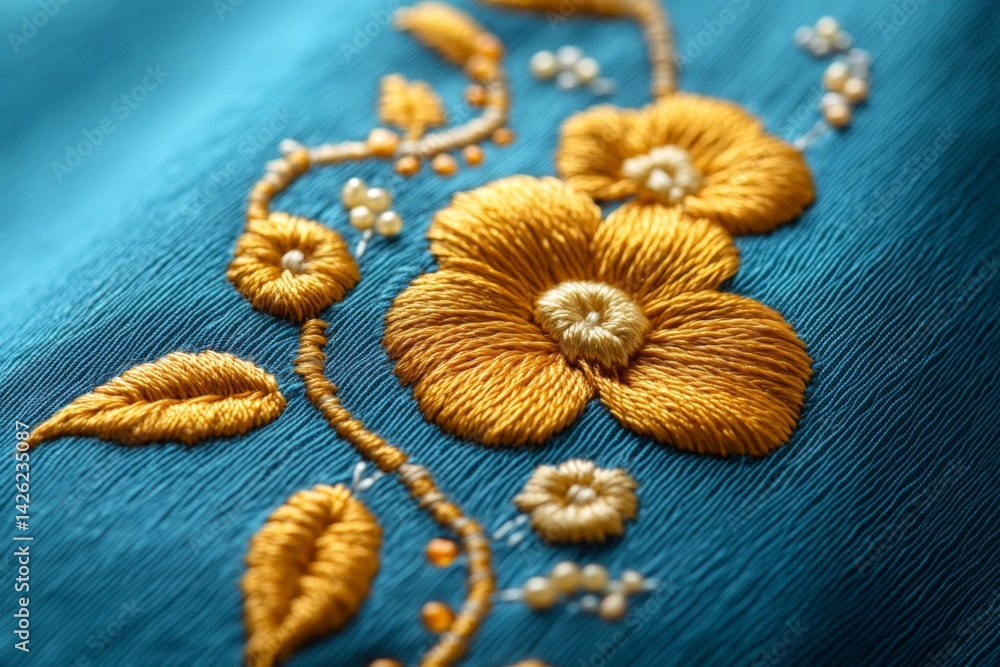 Intricate golden embroidery showcasing floral patterns on a vibrant blue textile Intricate golden embroidery showcasing floral patterns on a vibrant blue textile