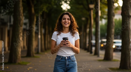 Young woman of approximately 25 years old, with wavy brown hair and light brown skin, smiling naturally as she walks on a tree-lined street during sunset.