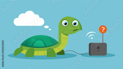 A confused turtle approaching the device cautiously wondering why its making a strange noise every time it walks by.. Vector illustration