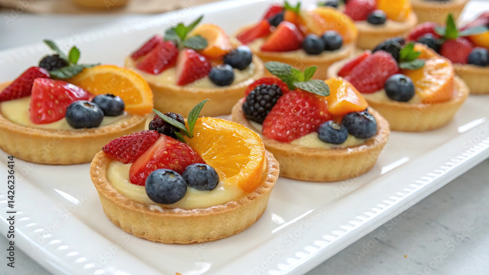 mini fruit tarts arranged on a white tray, each topped with a mix of strawberries, blueberries, and orange slices mini fruit tarts arranged on a white tray, each topped with a mix of strawberries, blueberries, and orange slices