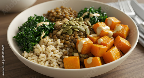 Healthy Bowl With Roasted Pumpkin Cubes, Rice, Lentils And Kale