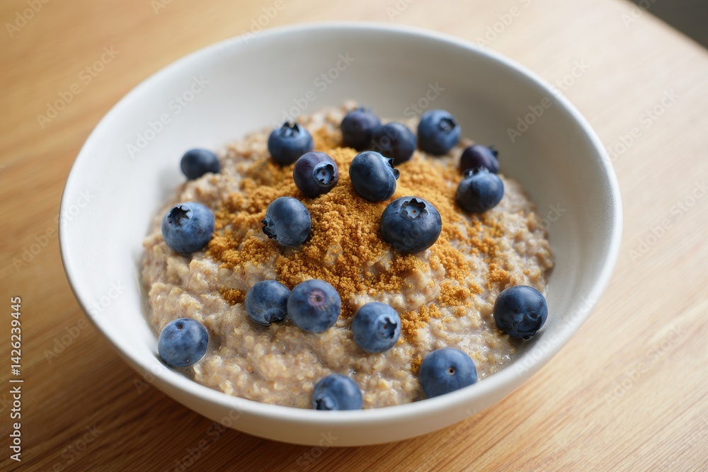 Vegan oatmeal porridge with blueberries and flax seeds Vegan oatmeal porridge with blueberries and flax seeds