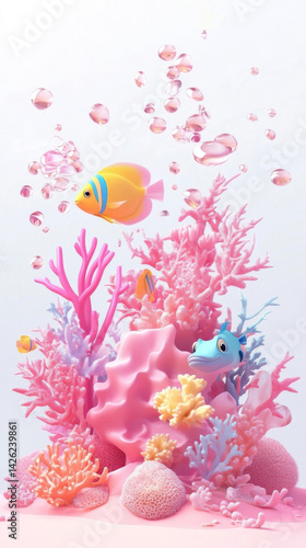 3D Render: Cute Cartoon Fish in Pink Coral Reef Underwater Scene