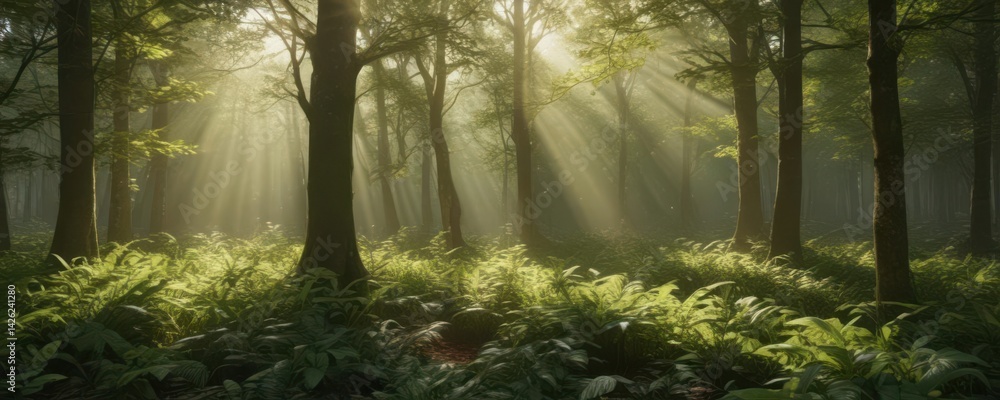 Obraz premium Golden sunbeams filter through lush green leaves, dappled light on forest floor, branches, ray