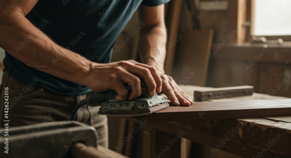 Carpenter's Hands Sanding Wood in Workshop - Close-up of hands carefully sanding wood, showcasing craftsmanship, precision, skill, artistry, and dedication Carpenter's Hands Sanding Wood in Workshop - Close-up of hands carefully sanding wood, showcasing craftsmanship, precision, skill, artistry, and dedication
