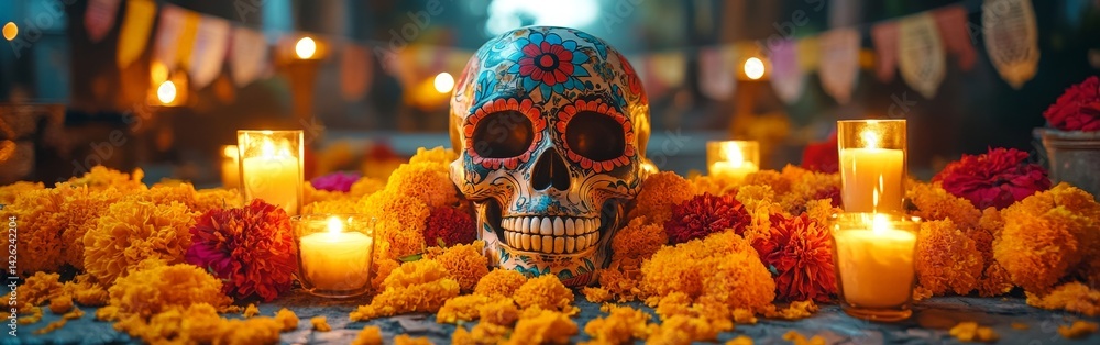 Day of the Dead celebration with colorful skull, candles, and marigolds Day of the Dead celebration with colorful skull, candles, and marigolds
