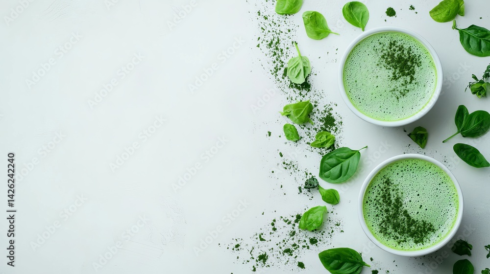 Healthy Green Matcha Latte Drinks Two Cups Herbal Tea Refreshing Beverage Green Tea Powder Fresh Basil Leaves White Background Flatlay Food Photography Delicious Vegan Recipe Tasty Aromatic Drink Healthy Green Matcha Latte Drinks Two Cups Herbal Tea Refreshing Beverage Green Tea Powder Fresh Basil Leaves White Background Flatlay Food Photography Delicious Vegan Recipe Tasty Aromatic Drink