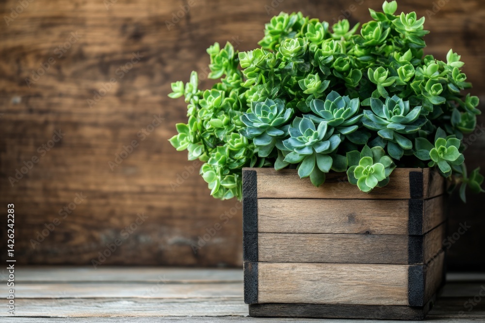 Succulent plants in a wooden planter on a rustic wooden table with natural lighting Succulent plants in a wooden planter on a rustic wooden table with natural lighting
