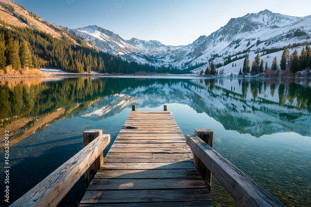 Wooden dock extending into calm lake reflecting snow-capped mountains and evergreen trees, showcasing serene nature scene, ideal for tranquility or travel concepts Wooden dock extending into calm lake reflecting snow-capped mountains and evergreen trees, showcasing serene nature scene, ideal for tranquility or travel concepts