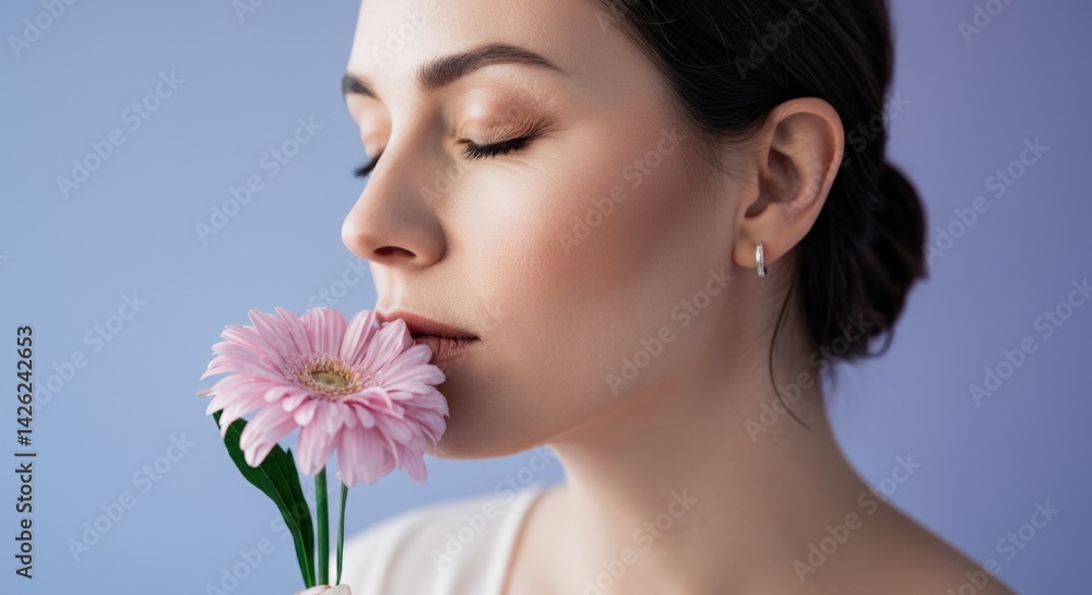 Peaceful young caucasian female enjoying flower aroma against blue background Peaceful young caucasian female enjoying flower aroma against blue background