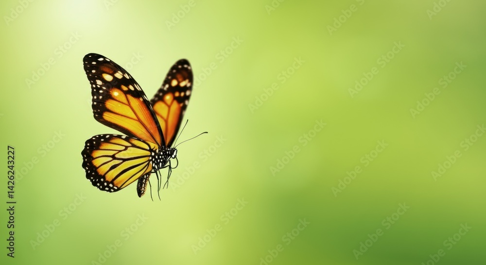 Monarch butterfly in flight against a soft green background Monarch butterfly in flight against a soft green background