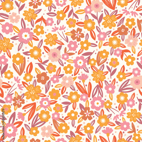 Decorative floral background. Fabric and surface pattern design with hand drawn simple flowers. Retro style vector seamless pattern. Nostalgic vintage groovy allover print.