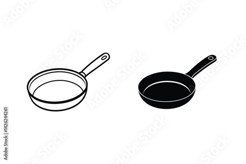 Frying Pan Illustration Black And White Line Art Minimalist Kitchen Icon