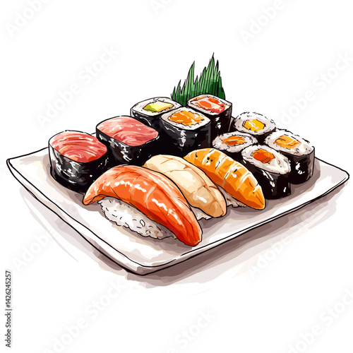 Anime-Style Sushi Platter with Nigiri and Maki Rolls