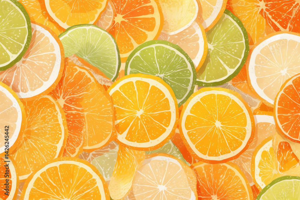 Obraz premium Citrus seamless background vector: Fresh oranges and lemons arranged in a pattern, vibrant and colorful display for design projects or wallpaper.