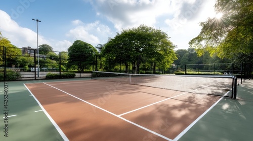 Wallpaper Mural Enjoy the bright sunshine on this tennis court with an orange surface and scenic park in the background on a clear day Torontodigital.ca