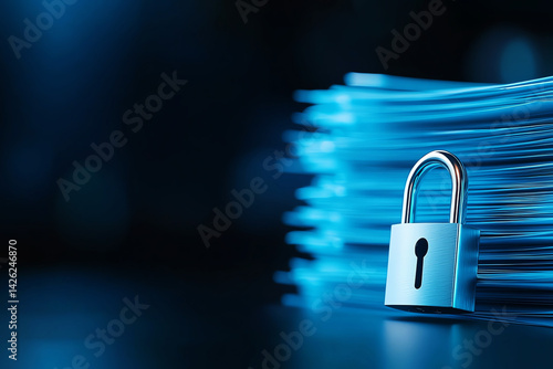 Stack of blue folders is secured with silver padlock, symbolizing data protection and security. background is dark, enhancing focus