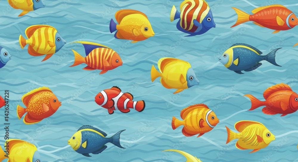 Colorful Fish Swimming Pattern - Vibrant underwater scene, playful fish, ocean life, repeat, textile design. Symbolizing joy, freedom, tranquility, abundance, and harmony Colorful Fish Swimming Pattern - Vibrant underwater scene, playful fish, ocean life, repeat, textile design. Symbolizing joy, freedom, tranquility, abundance, and harmony