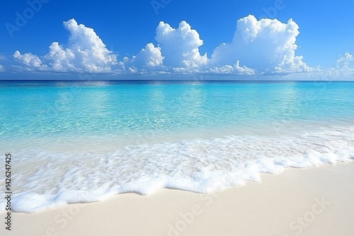 Beautiful tropical beach with turquoise water under a clear blue sky and fluffy clouds on a bright sunny day