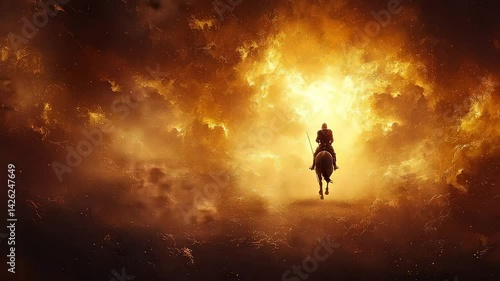 Knight's Celestial Journey Through Fiery Clouds
