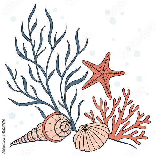 Vector illustration Set of Marine Nature Elements Sea Shells And  in Seamless Pattern Design Showcasing Beach Art With Ocean Texture