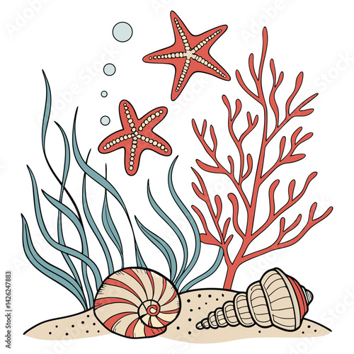 Vector illustration Set of Marine Nature Elements Sea Shells And  in Seamless Pattern Design Showcasing Beach Art With Ocean Texture