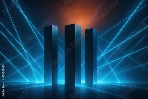 Neon Blue Laser Beams Illuminate Three Mysterious Pillars in a Dark Room