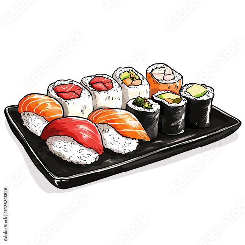 Anime-Style Sushi Platter with Nigiri and Maki Rolls