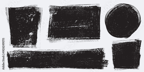 Set of grunge hand painted black blocks of paint texture. Sponge thin artist brush background. Mix abstract vector background. Isolated on white background