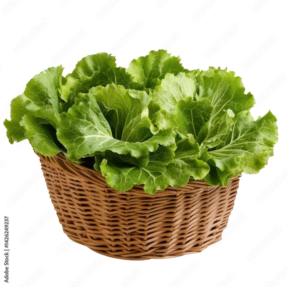 Fresh green lettuce in a woven basket ready for meal preparation at a sunny kitchen Fresh green lettuce in a woven basket ready for meal preparation at a sunny kitchen
