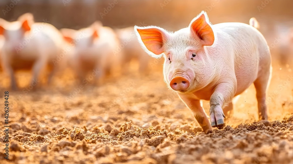 Pink piglet running towards camera in a field, other piglets blurred in background Pink piglet running towards camera in a field, other piglets blurred in background