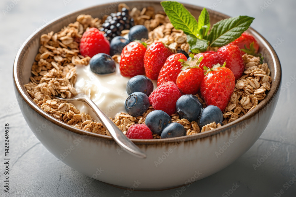 Bowl of granola with yogurt and berries. Bowl of granola with yogurt and berries.