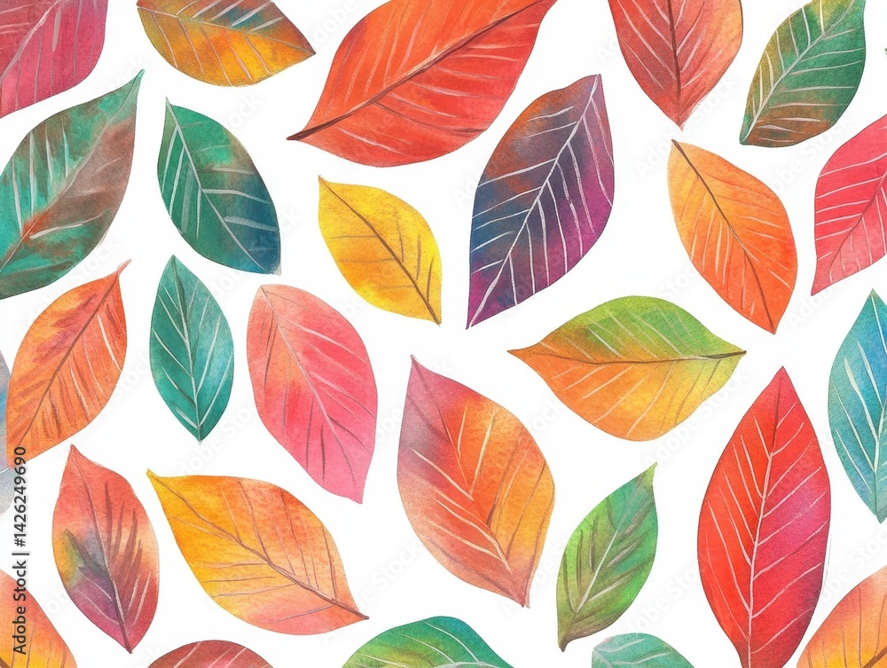 Watercolor Autumn Leaves Pattern on White Background Watercolor Autumn Leaves Pattern on White Background