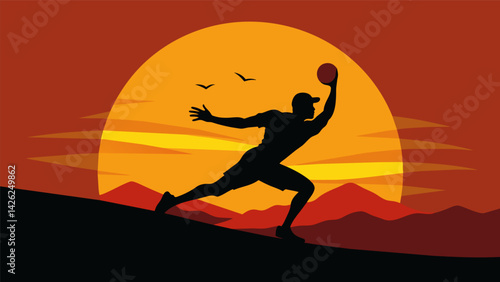 A players outstretched silhouette against the setting sun as they make a breathtaking layout catch.. Vector illustration