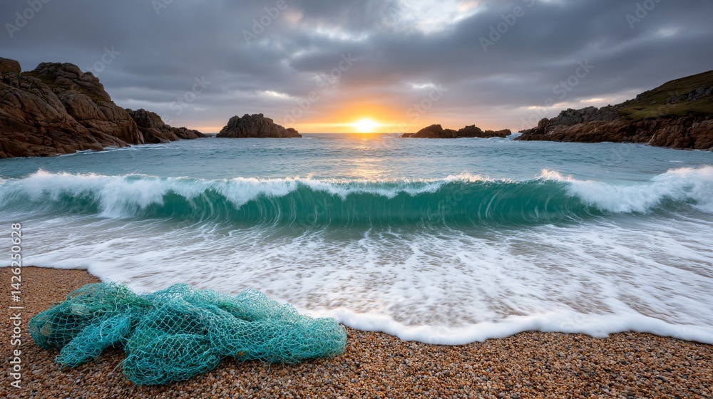A dramatic sunset shot of waves crashing against a shoreline littered with plastic fishing nets and bottles