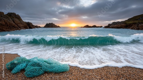 Obraz na płótnie A dramatic sunset shot of waves crashing against a shoreline littered with plastic fishing nets and bottles w salonie