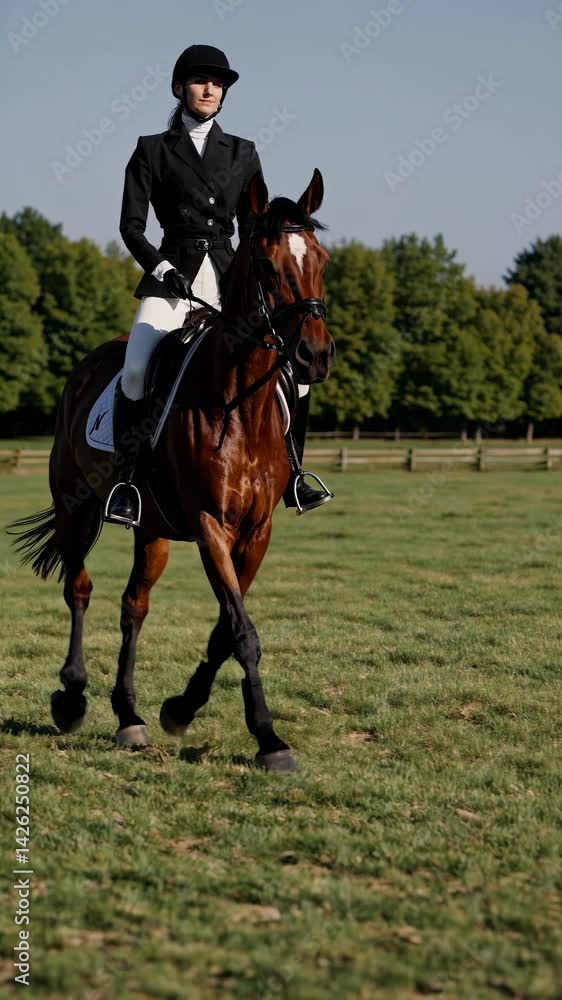 A rider in formal attire on a horse in a grassy field, captured from a low-angle shot, conveying elegance and focus, suitable for an equestrian video. A rider in formal attire on a horse in a grassy field, captured from a low-angle shot, conveying elegance and focus, suitable for an equestrian video.