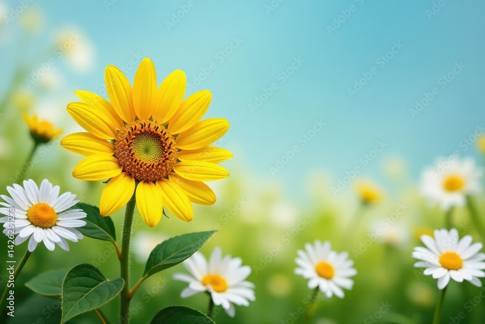 Fototapeta premium One bright yellow sunflower among white daisies, flower, vibrant, noticeable