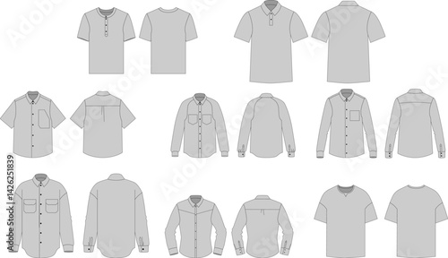 Men's T-shirts and shirts collection. Technical fashion illustration. Flat garment templates. Technical drawing of men's t-shirts and shirts set with front and back views. CAD template.