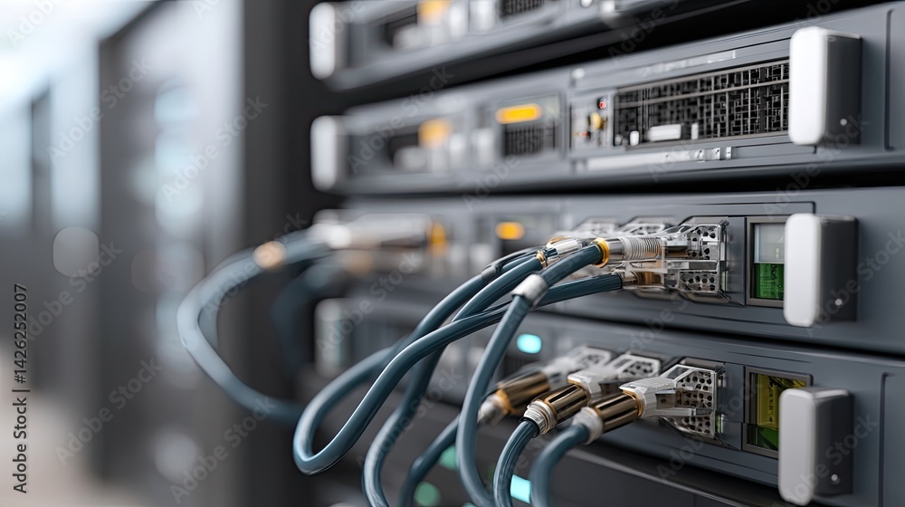 A blue tech background features a data center with server racks and glowing elements, symbolizing cloud computing and networks A blue tech background features a data center with server racks and glowing elements, symbolizing cloud computing and networks