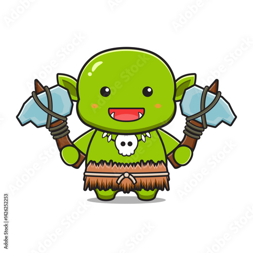 Cute goblin warrior holding stone axe cartoon icon illustration