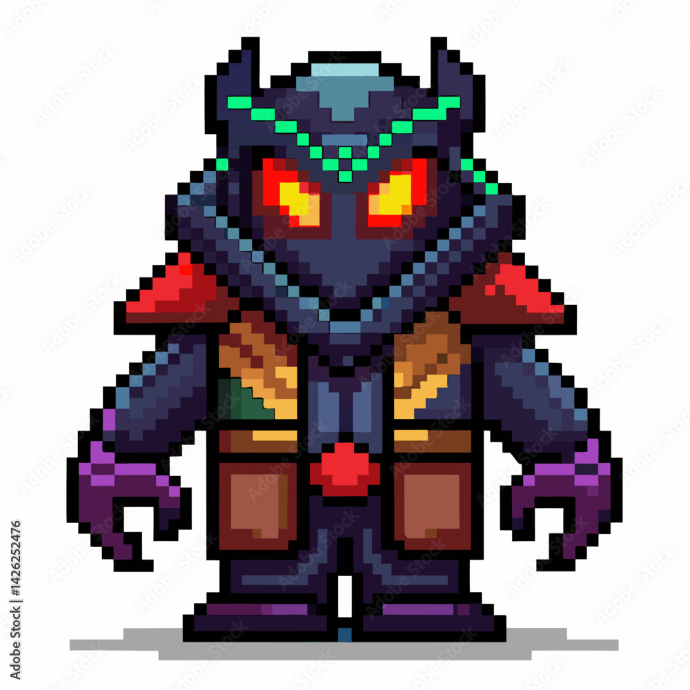 Fototapeta premium Pixel Art Alien Warrior with Glowing Eyes and Futuristic Armor