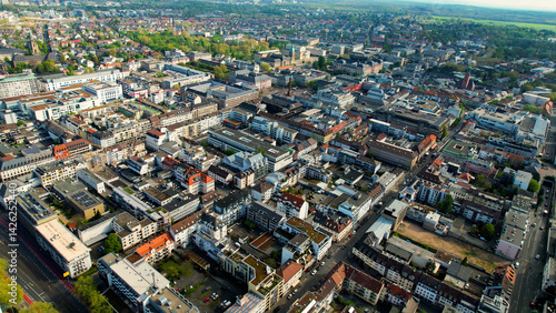 Aerial panorama view around the city and old town of Darmstadt in Germany on a sunny morning in late spring

