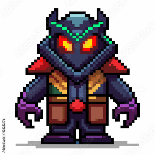Pixel Art Alien Warrior with Glowing Eyes and Futuristic Armor