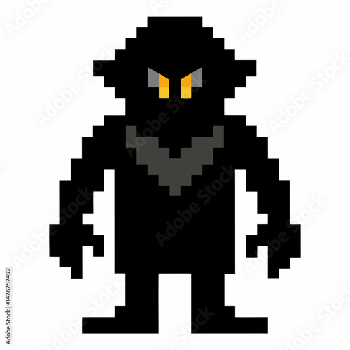 Retro Pixel Art Dark Character with Yellow Eyes and Villainous Appearance