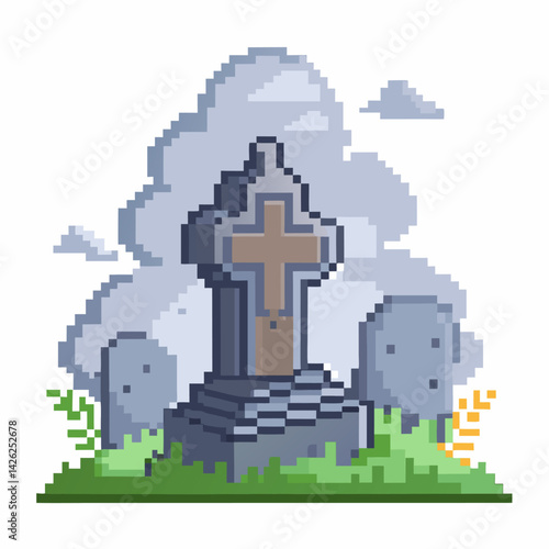 Pixel Art Cemetery Scene with Cross Headstone Under Cloudy Sky
