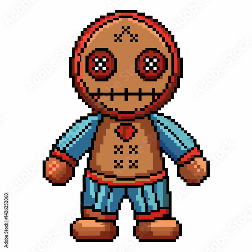 Pixel Art Voodoo Doll with Heart Patch and Button Eyes   Digital Retro Gaming Character Illustration