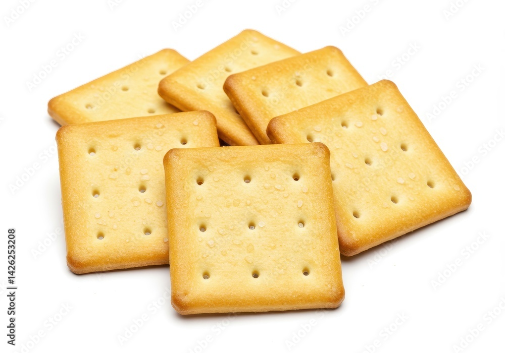 Square salted crackers with golden hue and flaky texture casually arranged on white surface for snack representation Square salted crackers with golden hue and flaky texture casually arranged on white surface for snack representation